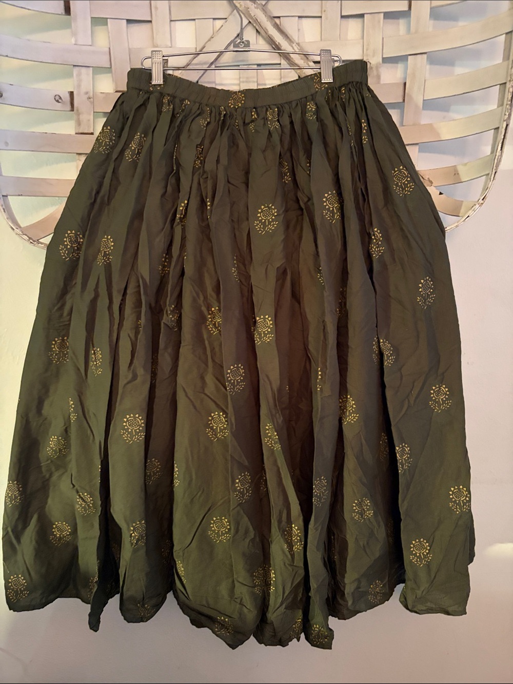 Tantrums Olive Green Full Skirt with Gold Motifs